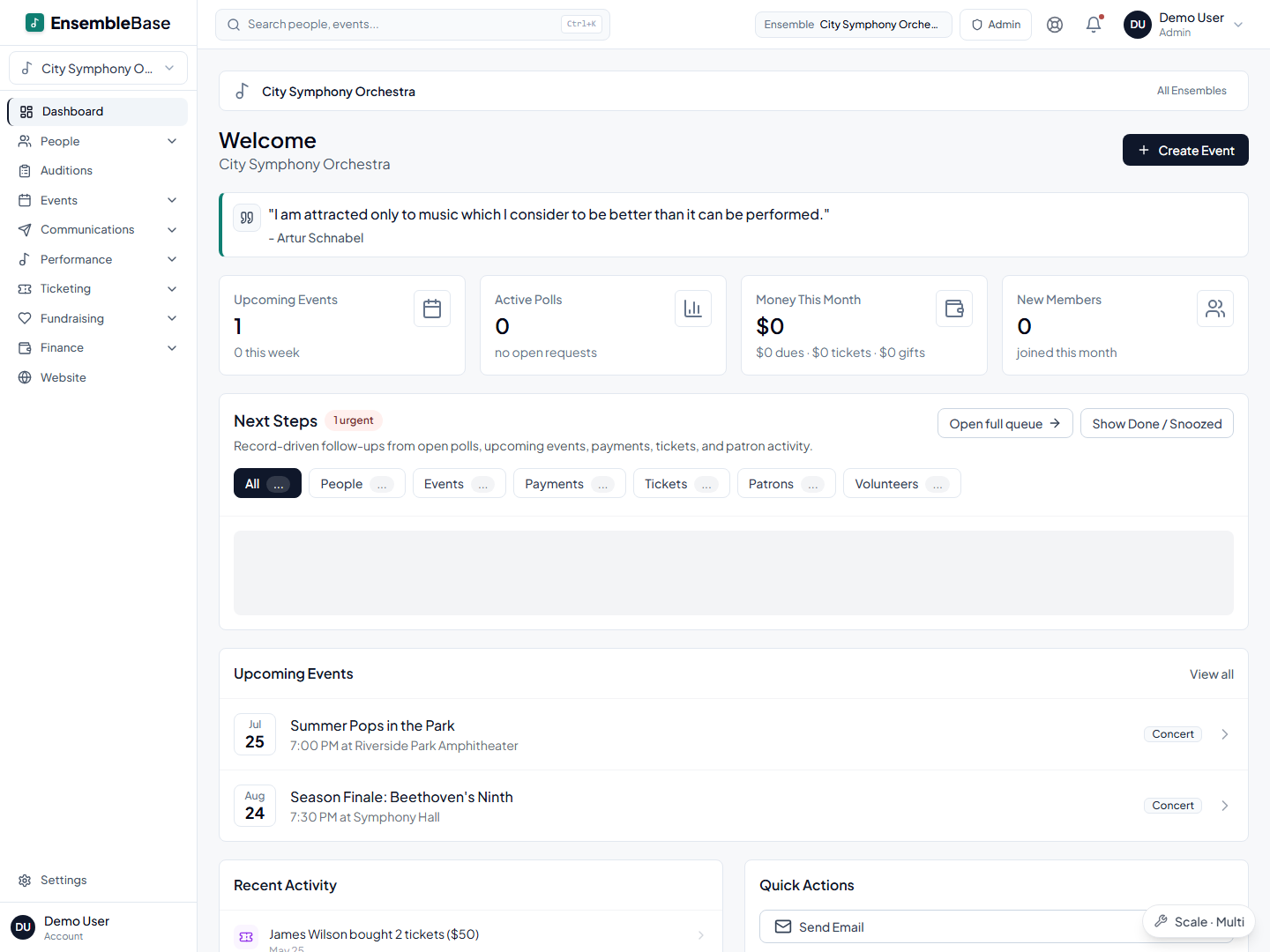 Arts in One admin dashboard showing follow-ups, upcoming events, and items needing attention.