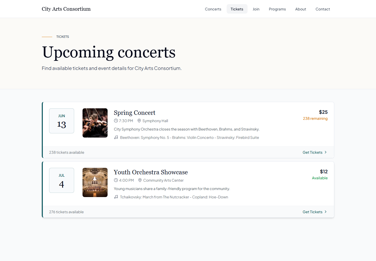 Public Arts in One ticket page listing an ensemble's upcoming concerts with dates, venues, and buy buttons.