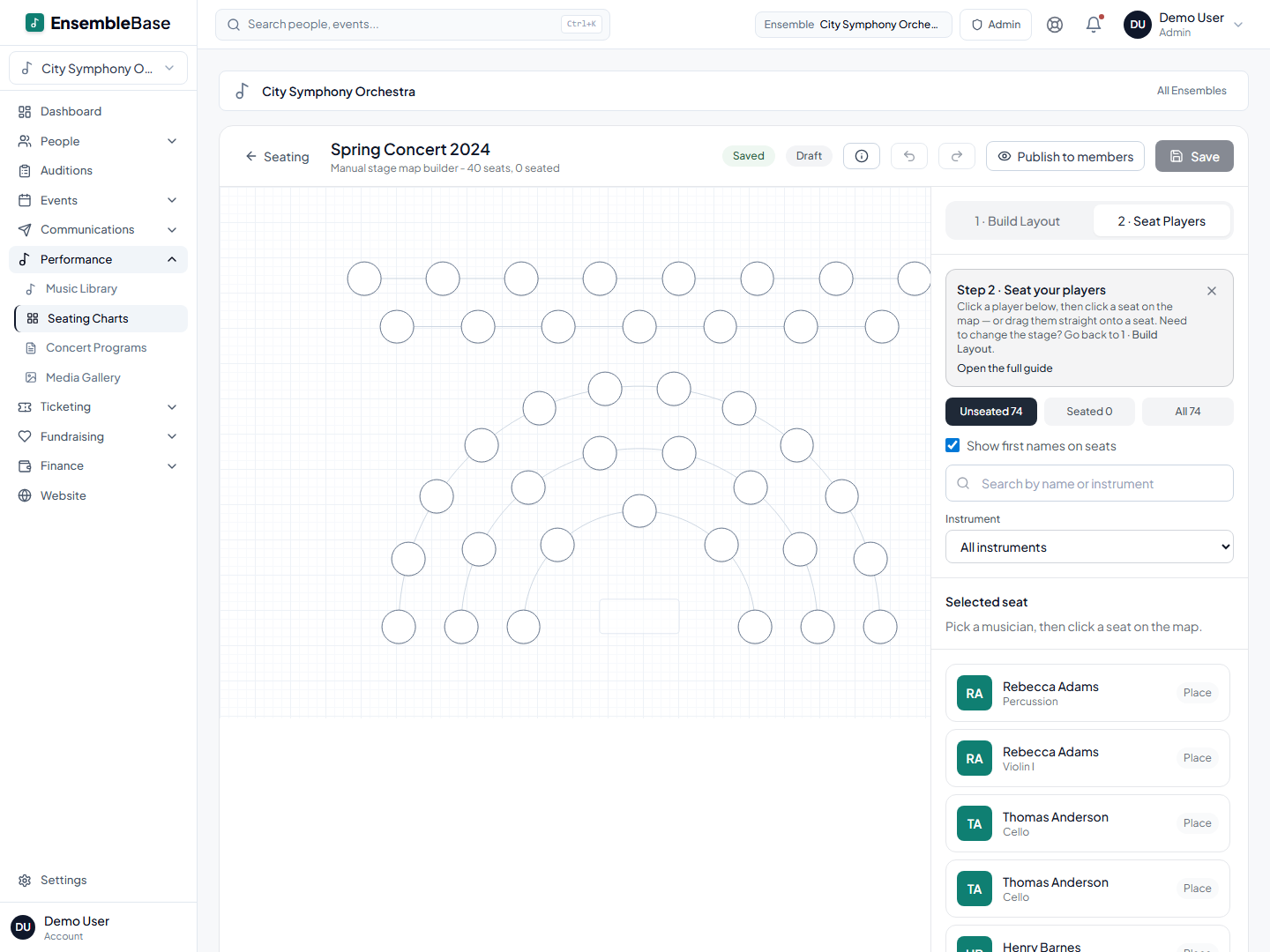 Arts in One stage-map builder showing curved seat rows on a stage canvas with the roster panel beside it: unseated players, search, and instrument filters.