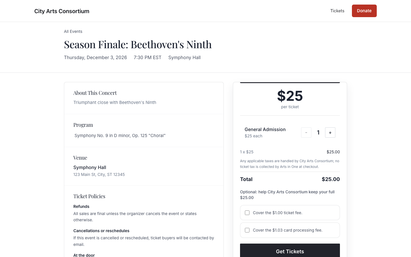 Sample public concert page with ticket choices in Arts in One.