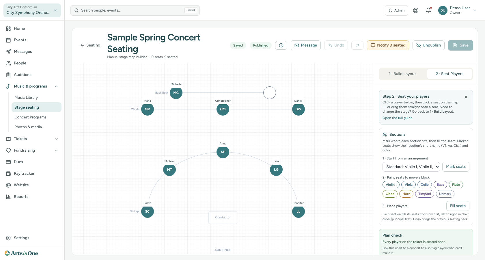 Arts in One stage-map builder with curved seat rows on a stage canvas and a roster panel of unseated players.